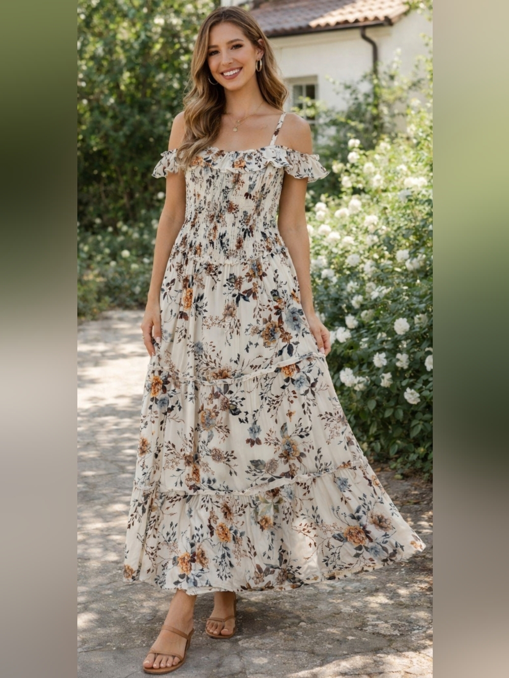 San Francisco Boho Floral Off Shoulder Smocked Tiered Maxi Dress Size XS